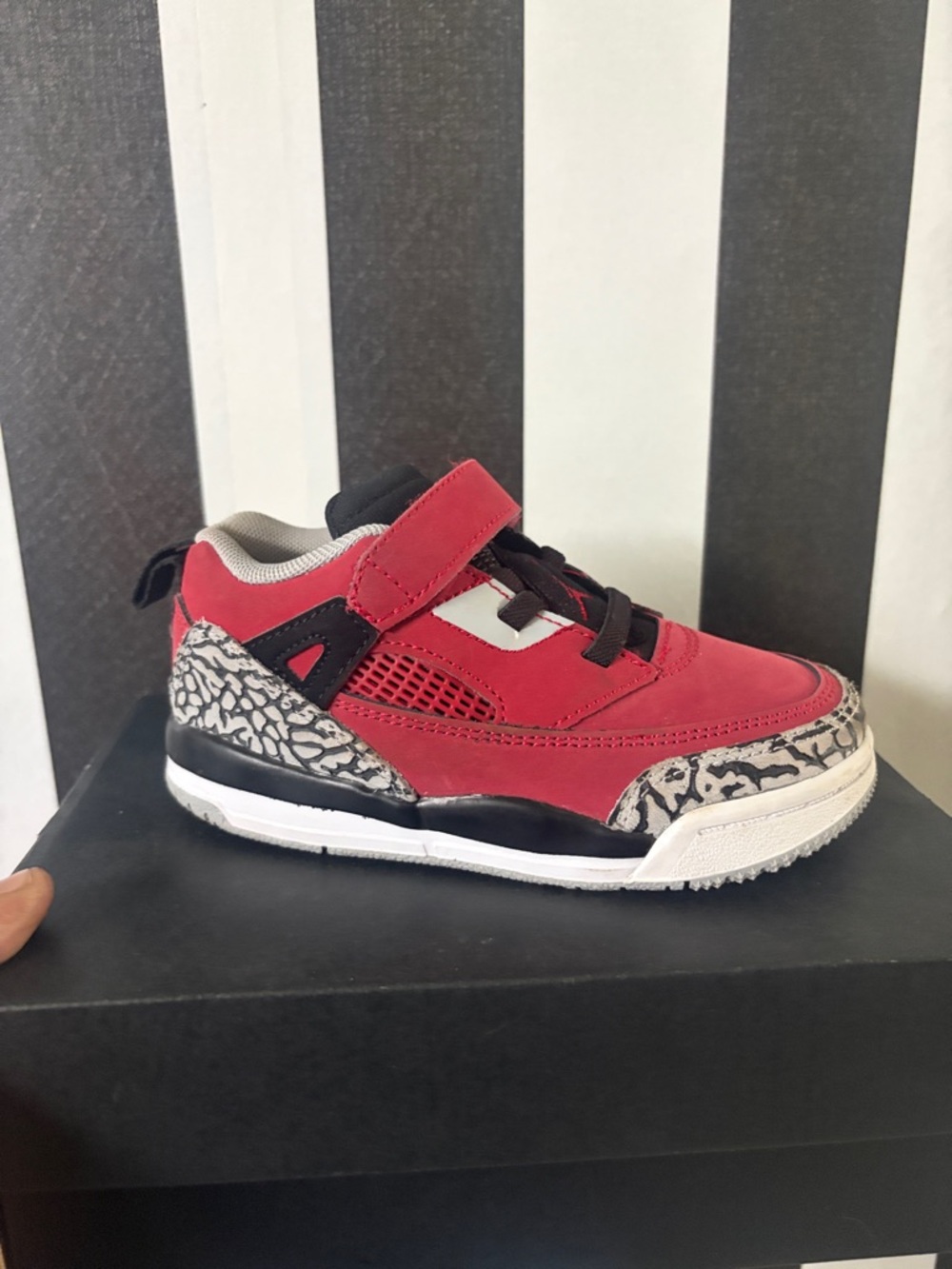 Jordan Kids Red and Black Velcro Sneakers with Elephant-Print Accents